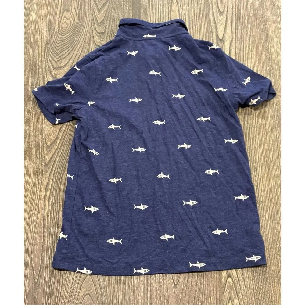 Cat & Jack Boys Polo Shirt Shark Print Short Sleeve Collared Navy Blue Size L